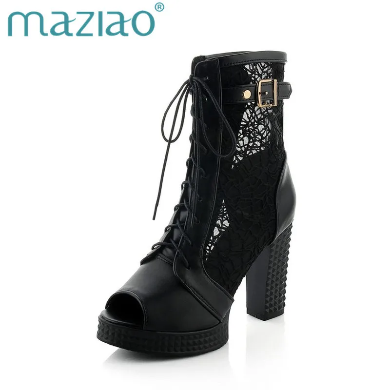 

MAZIAO Big Size 32-43 Square High Heels Women Patchwork Party Shoes Lace Upper Leisure Woman Summer Boots Peep Toe Platform