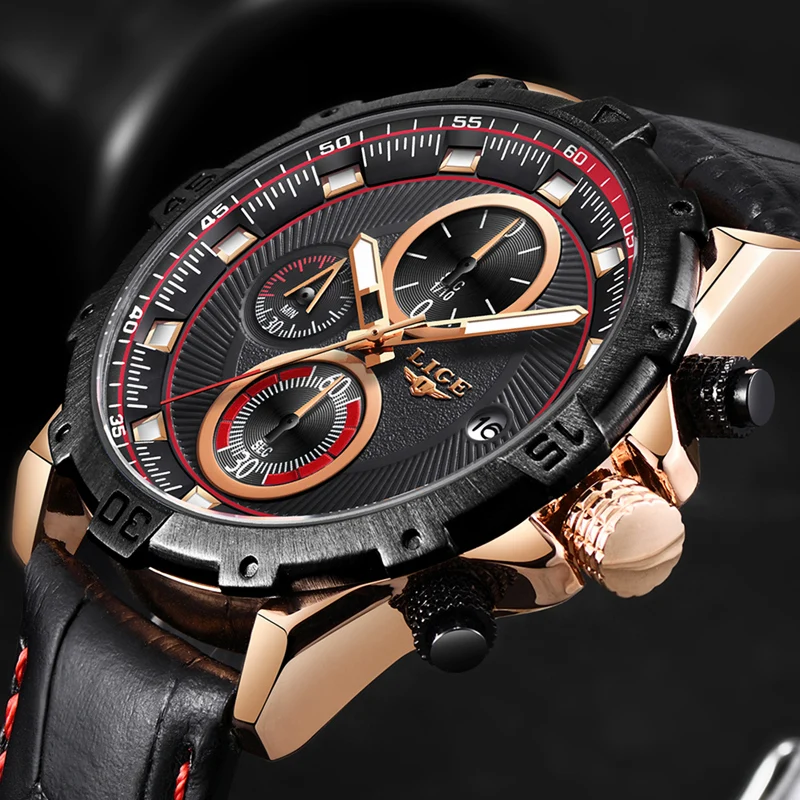 

LIGE Watch Men Fashion Sport Quartz Clock Gold Mens Watches Top Brand Luxury Waterproof Leather Business Watch Relogio Masculino