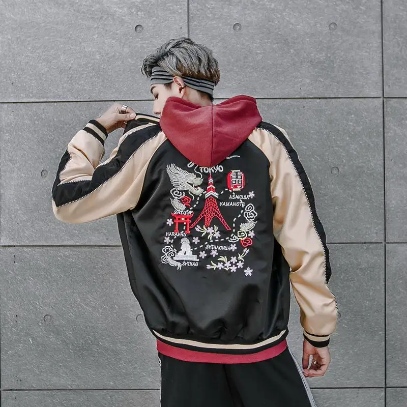 Men Jackets Japanese Satin Totems Sukajan Embroidery Bomber Baseball
