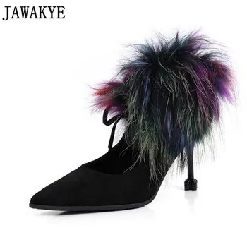 

Autumn black khaki colorful fur embellished lady pumps high heels shoes women kid suede ankle boots for women sapatos feminino