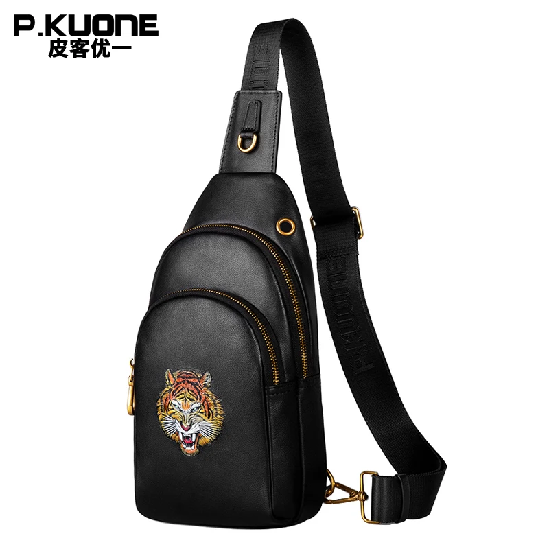 P.KUONE Genuine Leather Bag New Design Northeast Tiger White Tiger Chest Bag Business Man Brand Fashion Male Shoulder Bag Travel