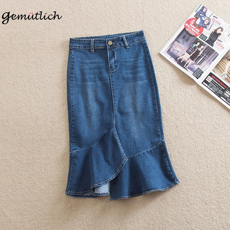 GEMUTLICH S-9XL расклешенная женская джинсовая юбка фасона "Русалка" Весенние летние джинсы облегающие размера плюс