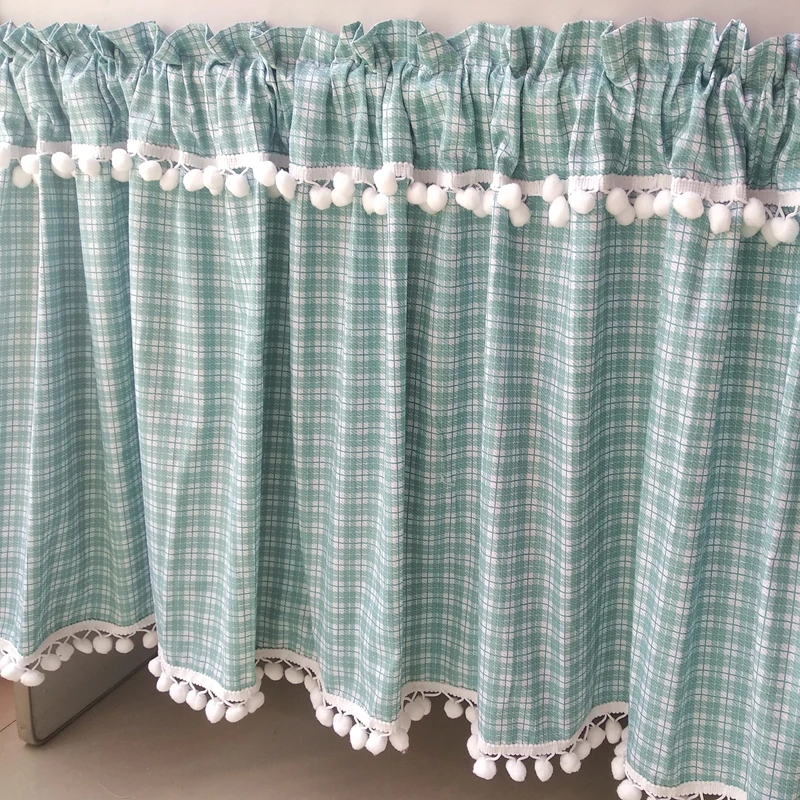 

Retro Style Green Plaid Wool Ball Cotton Coffee Curtain Kitchen/Bedroom/Cupboard Decorative Dust-proof Short Curtain 50*150cm