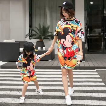

Summer mother daughter tee dress matching family outfits mummy girls dress matching long t shirt mesh mickey print 2 to 7 yrs