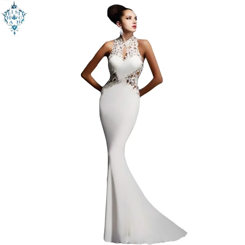 

High-end fishtail lace evening dress elegant sexy applique sleeveless halter slim dresses