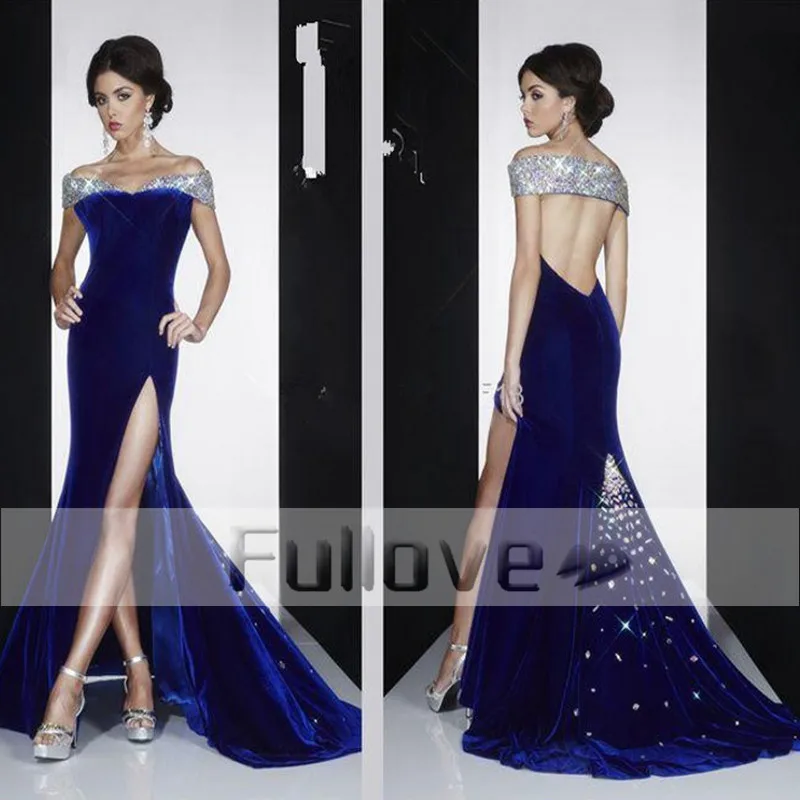 

Royal Blue Crystal Beaded Velour Mermaid Evening Dresses Long 2019 Sexy Backless High Side Formal Party Gown Vestido De Festa