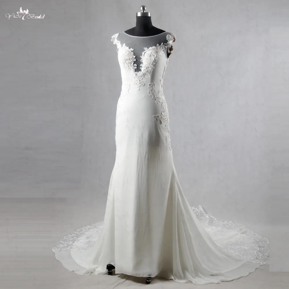 RSW1080 Beach Wedding Dress Ivory Chiffon Long Sleeves Lace Backless Wedding Dresses