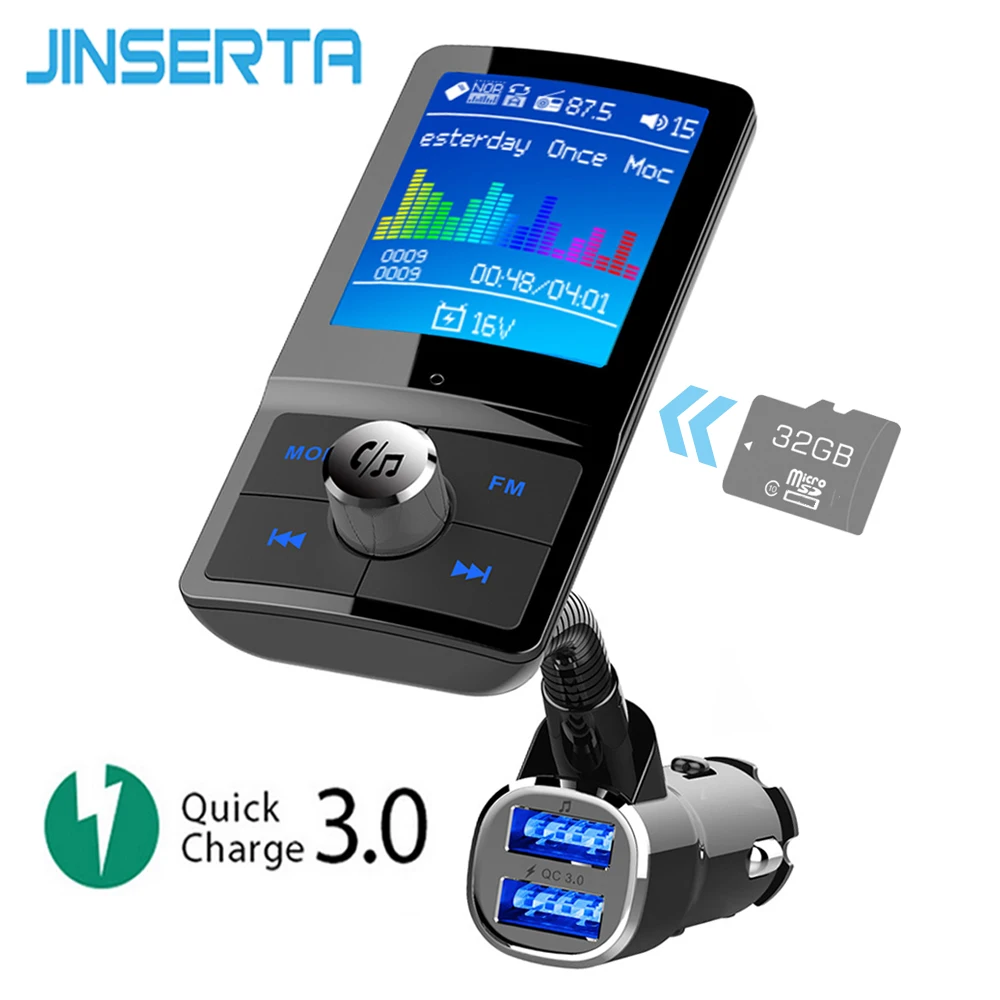 

JINSERTA Wireless Handsfree Car MP3 Player Bluetooth FM Transmitter QC3.0 Car Charger Support Siri USB Flash TF Card Music Play