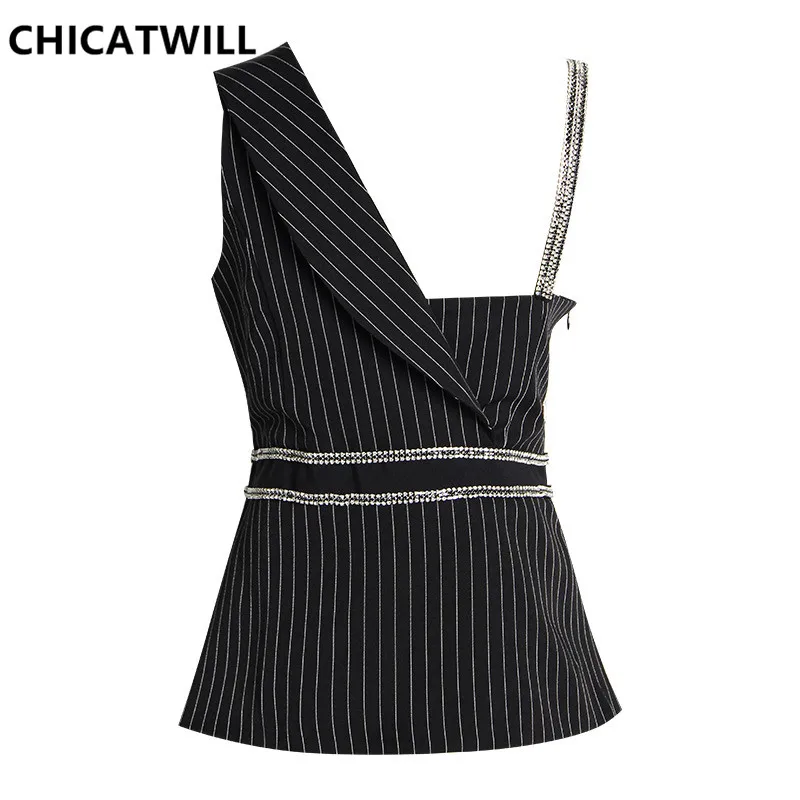 CHICATWILL High Street Fashion Office Lady Sleeveless Bling Crystal Women V-neck Stripes Blazers Elegant Faux 2 pieces Tops