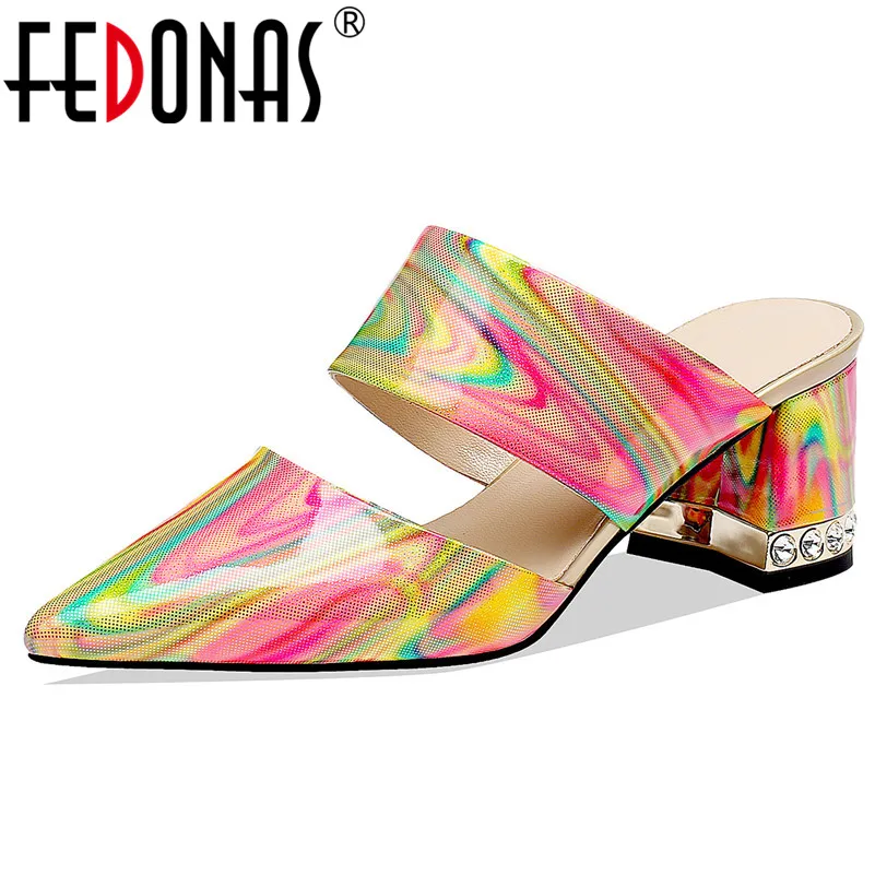 

FEDONAS Fashion Mixed Colors Print Cow Patent Leather Pointed Toe Women Sandals 2019 Summer New Slip on Pumps Party Shoes Woman