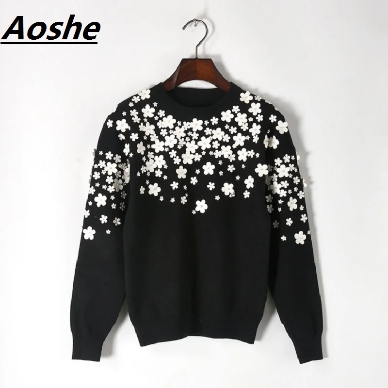 Casual Sweaters Winter Sweater Woman Knit Pullover 2018 Runway Design Leather Flower Long Sleeve Tops Black Jumper | Женская одежда