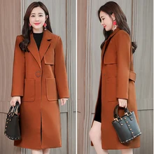 Зимнее корейское Женское пальто модное элегантное шерстяное пальто офисное женское официальное длинное пальто с длинным рукавом размера плюс 4XL