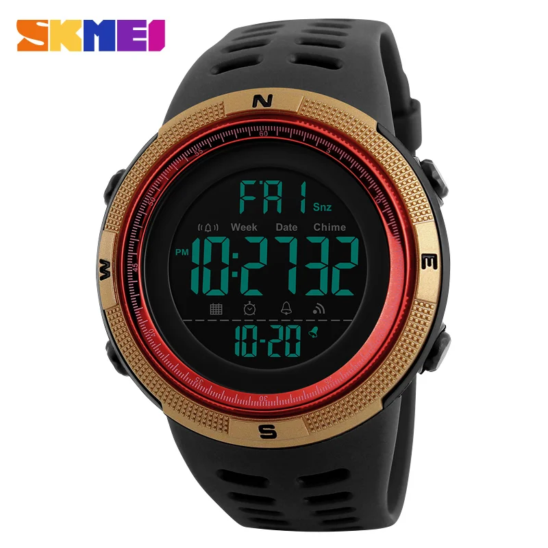SKMEI Двойное время Мужские светодиодные цифровые часы Хронограф спортивные часы водонепроницаемый 1251 - Цвет: Gold Red