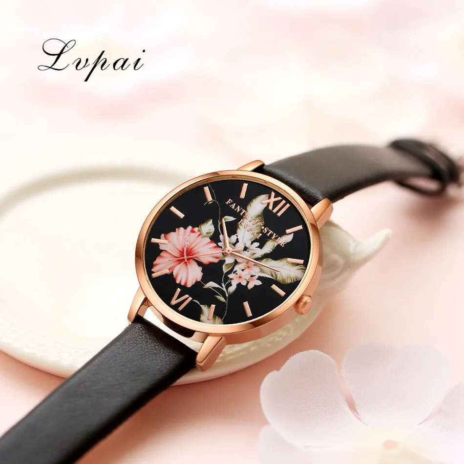Lvpai Brand Women Bracelet Watch Fashion Rose Gold Flowers Leather Simple Women Dress Watches Luxury Business Clock Watch