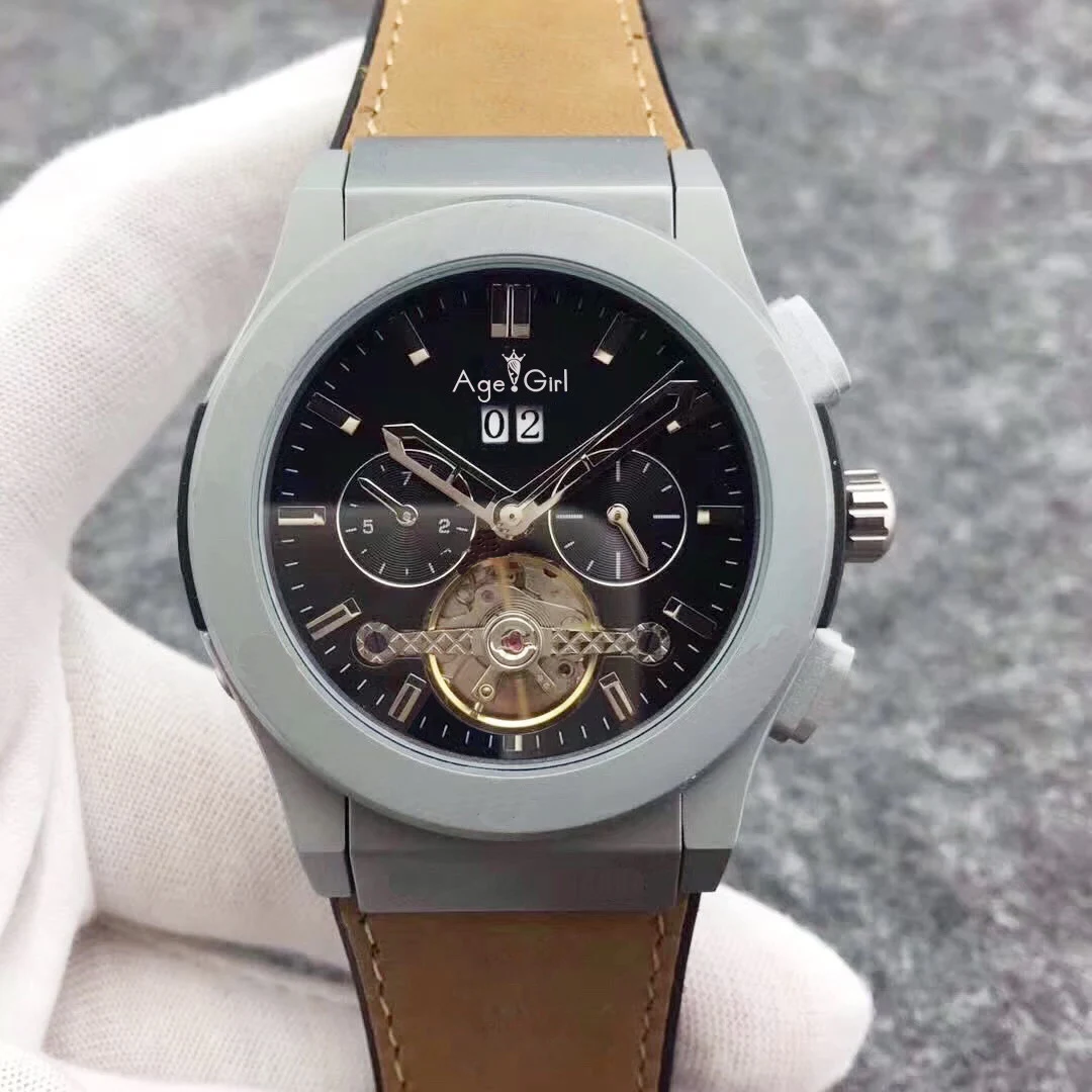 

Luxury Brand New Men Automatic Mechanical Watches Titanium Grey Black Blue Rubber Leather Tourbillion Transparent Sport Watch