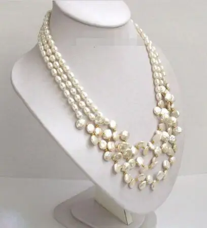 

Free Shipping >>> 18" 3row white round coin rice Pearls Necklace 925ss