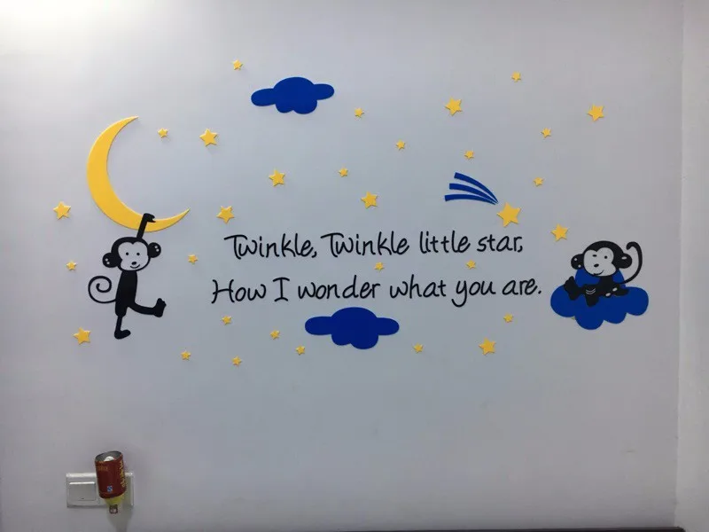 Озорные обезьяны мерцающие звезды и луна Акриловые Настенные стикеры мультфильм стикер s украшения для детской комнаты детского сада