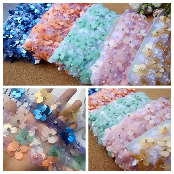 

High Quality Color Flower Sequins Rhinestones Ribbon Hand-sewn Clothing Lace Trim Shoulder Strap skirt Accessories 3Yds/lot