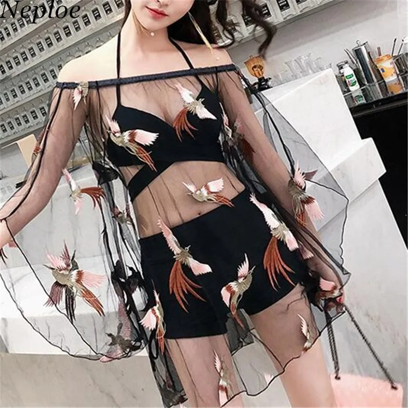 Neploe Three Pieces Skirt-style Bikini Set Halter Lace Up Solid Women Swimsuit High Waist Backless Conservative Swimwear 42235 | Спорт и