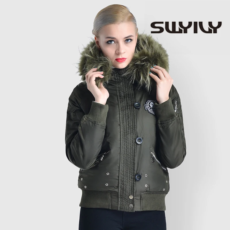SWYIVY Woman Jacket Coat Hooded Short Design 2018 Winter New Female Fashion Warm Short Coats Fur Collar Windproof Woman Parkas