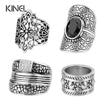 

Kinel Silver Color Knuckle Ring 4Pcs/Sets Bohemian Jewelery Mosaic Crystal Punk Black Rings For Women Beach Accessories