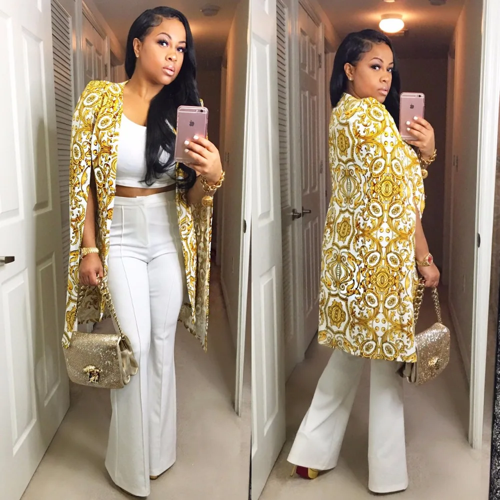 

Hot selling golden print summer jacket women cloak sleeve open stitch jacket coats women clothes J1071