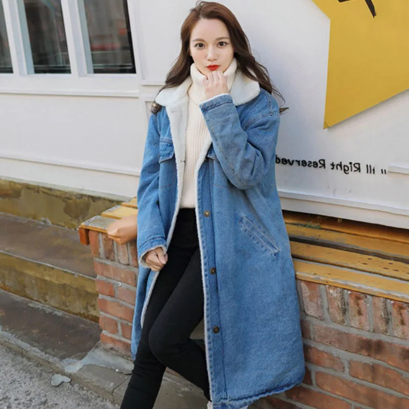 Синий Женский длинный ветровка плюс вельветовый джинсовый Тренч, женская зимняя свободная теплая верхняя одежда из овечьей шерсти с хлопковой подкладкой - Цвет: Синий