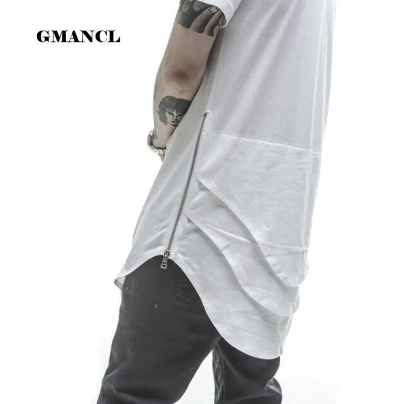 

Fishtail Multi Fold Curved Hem T shirt men Extended Side Zipper Short Sleeve oversized T shirts Solid Hip Hop KANYE WEST tee