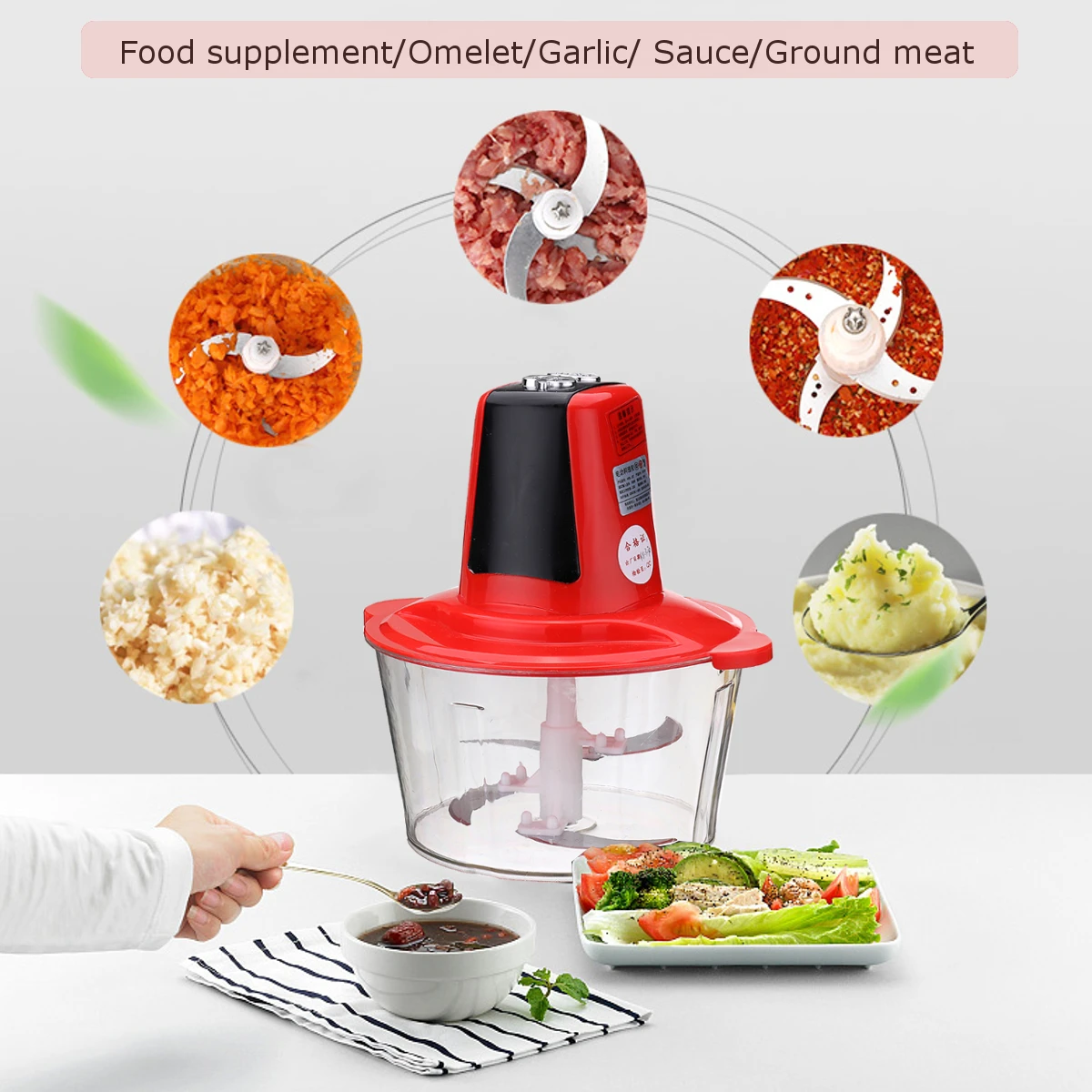 

3L 220V 50Hz 250W Red Multifunctional Electric Meat Grinder Food Chopper US 2 Pin Plug Split Design Rated Working Time 20s