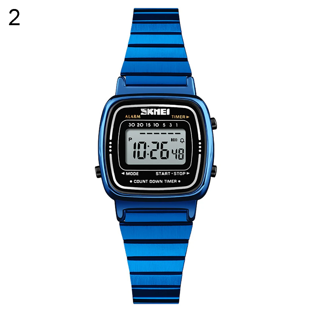 SKMEI 1252 новые модные цифровые часы Женские из нержавеющей стали ремешок многофункциональные светящиеся квадратный циферблат водонепроницаемые электронные наручные часы женски часы - Цвет: Синий