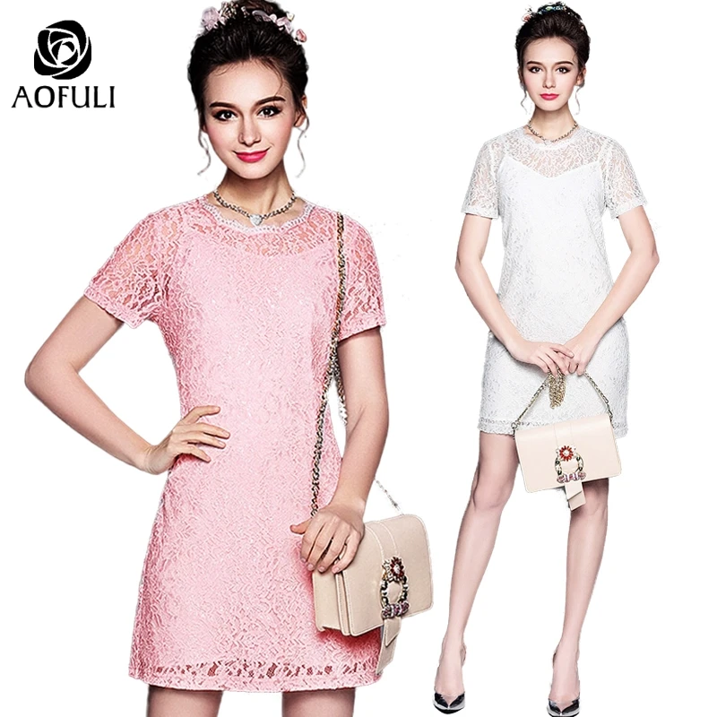 

S- 5XL Ladies Floral Lace Summer Dress Big Size Hollow Out Lace Crochet Short Sleeve Knee-Length Sundress Brand AOFULI B5028
