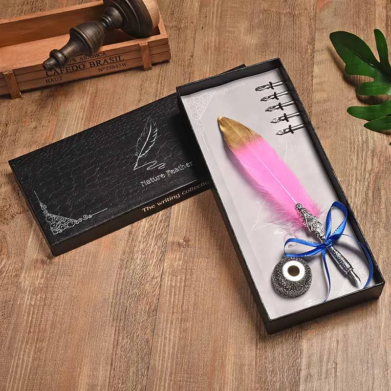 Creative Office Supplies 1 Set Of Retro Feathers Dip Pen Writing Fountain Pen  5 Pen Tip Gift Box Writing Tools To Send Children floor luxury office desk supplies free shipping retro secretary computer desks study writing mesa de escritorio modern furniture