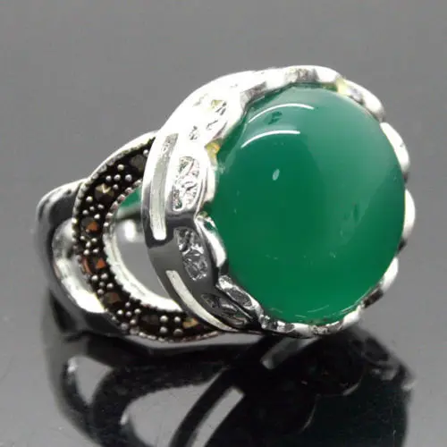 

005 Rare Natural Green stone Gems Silver Marcasite Ring Size 7/8/9/10 can choose