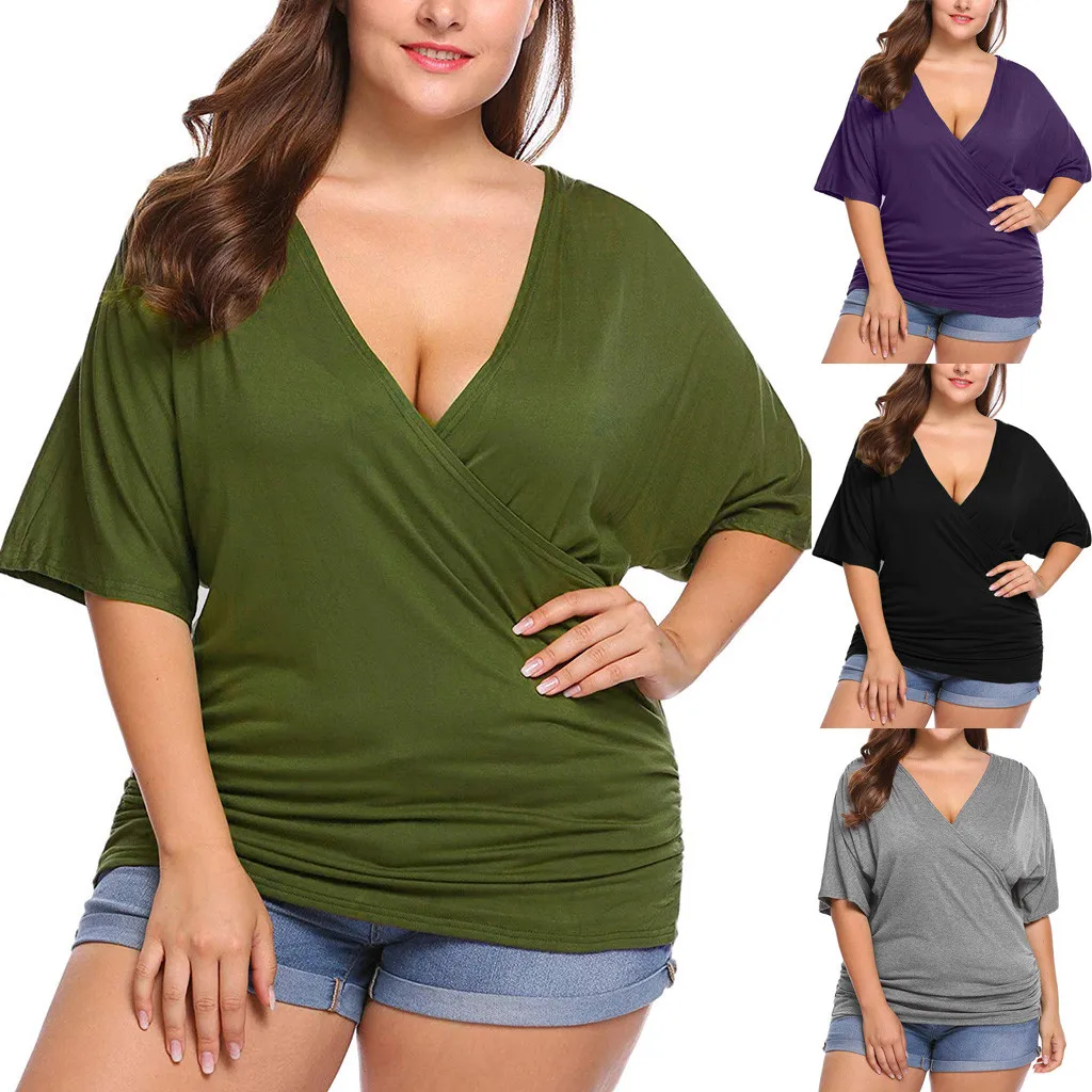 

Women's Plus Size Solid Color Casual V-neck Half Sleeve Pleated Waist Top рубашки женские женские футболки