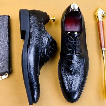 

High Quality Man Formal Dress Derby Shoes Luxury Genuine Leather Handmade Wedding Flats Alligator Round Toe Men's Footwear SS340