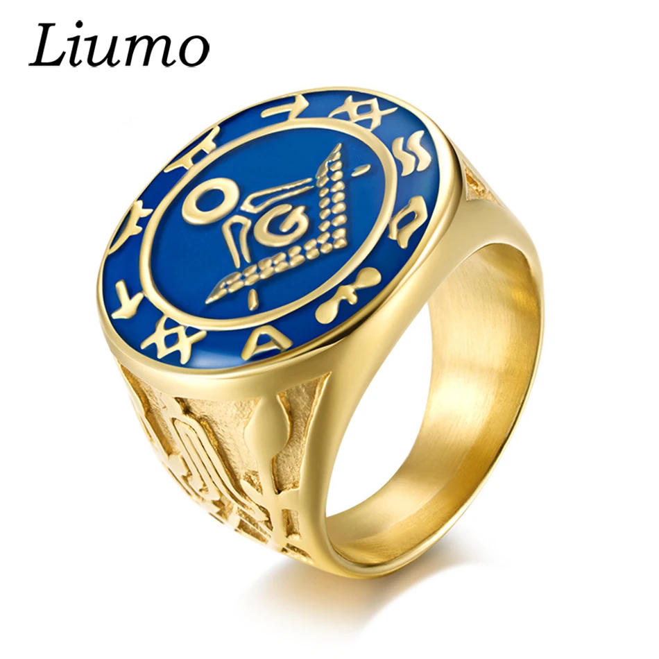 

Liumo Blue Gold Color Masonic 316 Titanium Stainless Steel Men Biker Ring Lr399