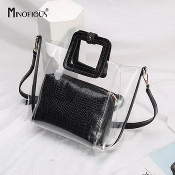 

MINOFIOUS Transparent PVC Handbag Crocodile Pattern Leather Tote Bag Sweet Shoulder Bag Solid Jelly Handbags Women Composite Bag