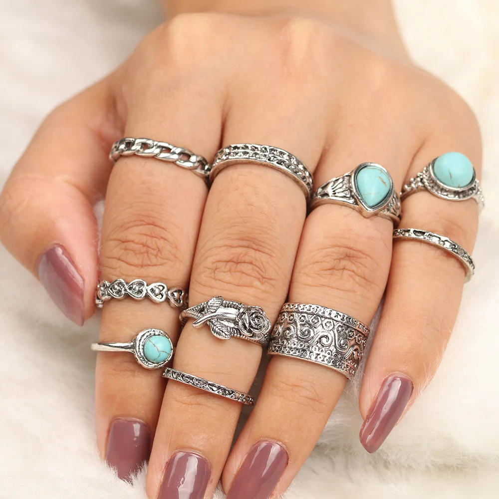 Fashion Vintage Ring Set Femme Stone Silver Midi Finger Rings Boho Women Jewelry Knuckle Ring Set Jewelry Gift