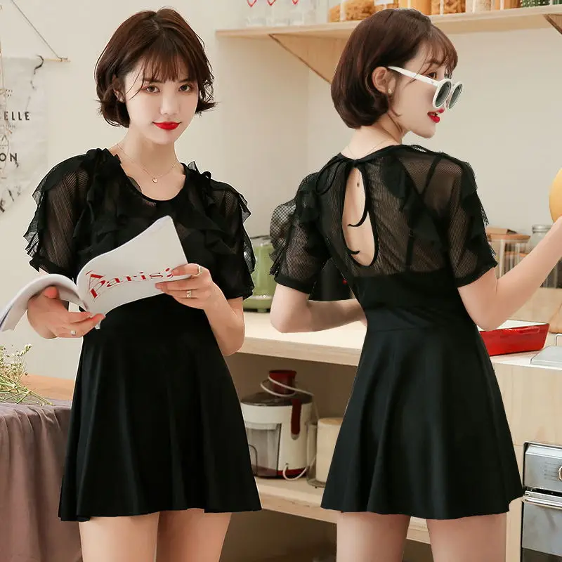 

M-XXL 2019 New Arrival Transparent Sexy Lace Short Sleeve Skirt Swimwear Push Up One-piece Swimsuit Beach Women Bathing Suits