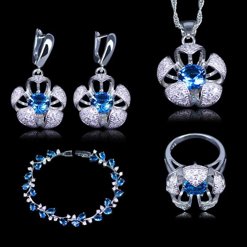 

L&B Silver color New Design 3D Flower Sky Blue Austrian Crystal White Zirconia 925 Stamp Jewelry Sets Bracelets Jewelry Sets