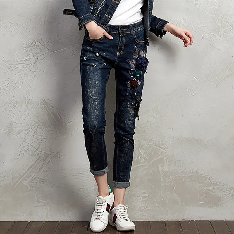 

Fashion Women Denim Pants Stretch Pencil Jeans Luxury Flowers Vintage Elastic Jeans And Skinny Jeans Casual Pattern Trouser