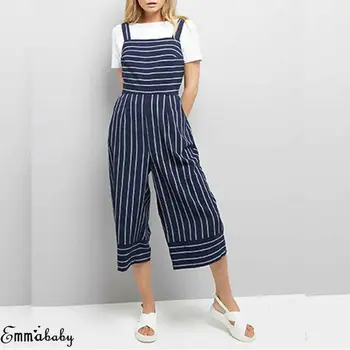 

2019 Women Stripe Wide Leg Long Playsuit Jumpsuit Casual Ladies Overall Jumpsuit Trousers Plus Size