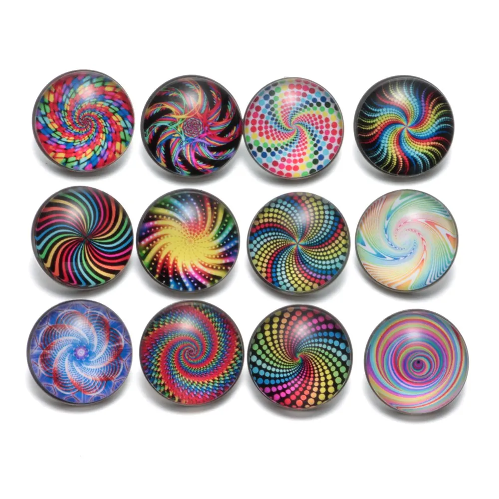 

12pcs/lot Spiral Diziness Pattern Glass Charms 18mm Snap Button Jewelry For DIY Bracelet Snaps Jewelry KZ0451
