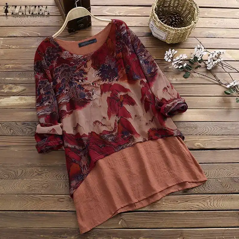 

Women's Linen Blouse ZANZEA Summer Vintage Printed Shirt O Neck Long Sleeve Tops Chemise Femme Loose Pacthwork Blusas Plus Size