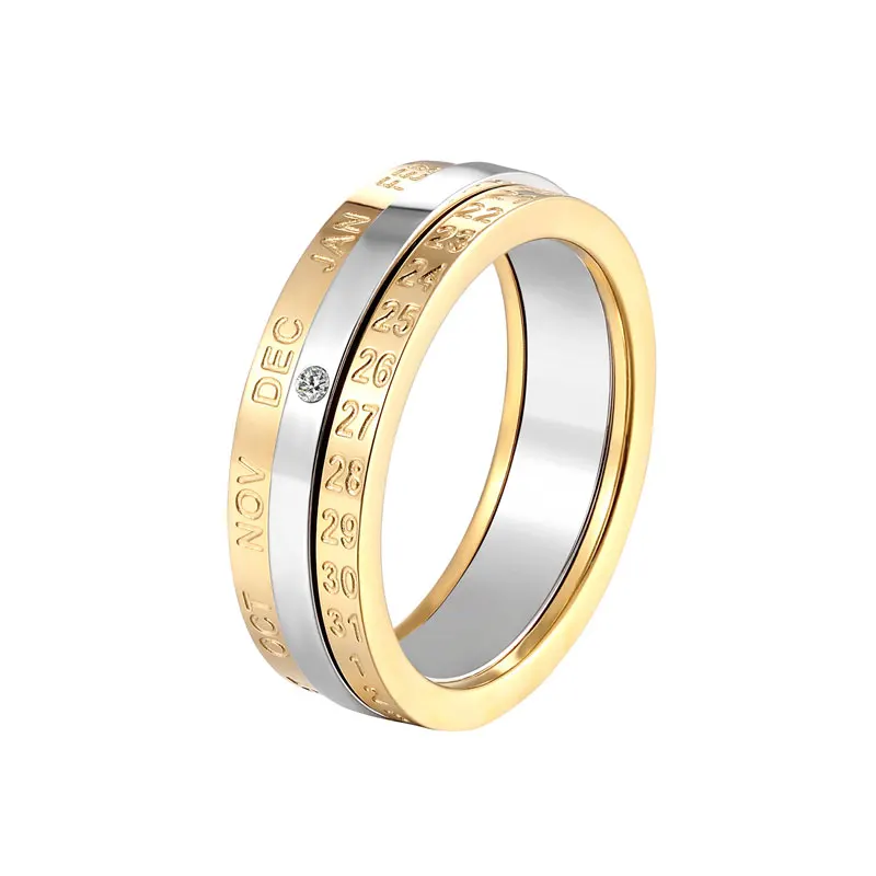 

New Rotatable Month And Date Crystal Ring For Women Top Quality Stainless Steel Gold And Silver Color Ring Wedding Jewelry