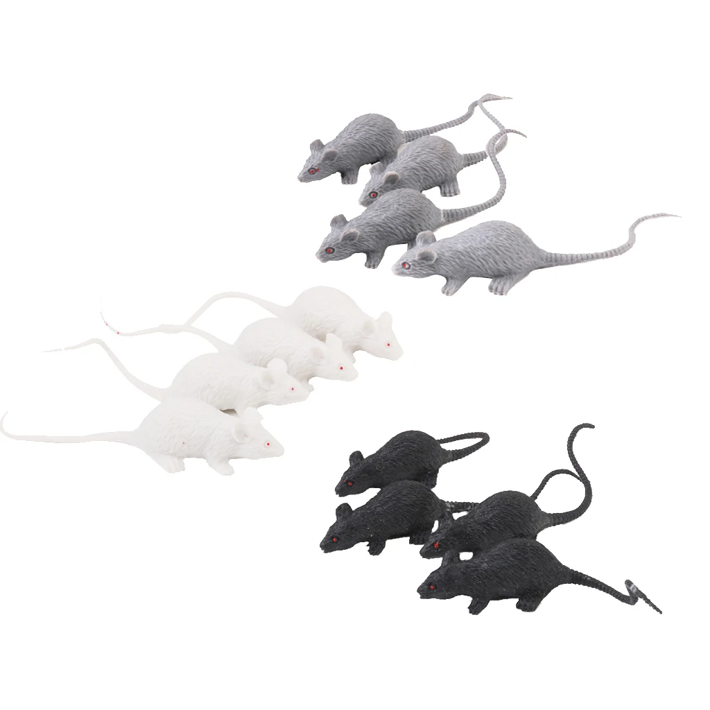 12 Pieces Plastic Vivid Rats Halloween Rodents Animals Model Party Jokes Black Grey White Mouse Prop