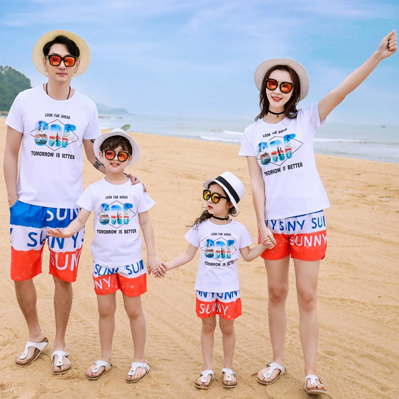 

Mom Daughter Dad Son Family Matching Outfit Boys Girls Cotton Top and Fast Dry Shorts Suits Mother Daughter Holiday Set Kids Set