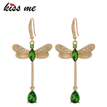 

KISS ME Women Earrings Elegant Fashion Green Red Glass Crystal Dragonfly Dangle Earrings Jewelry Gfts