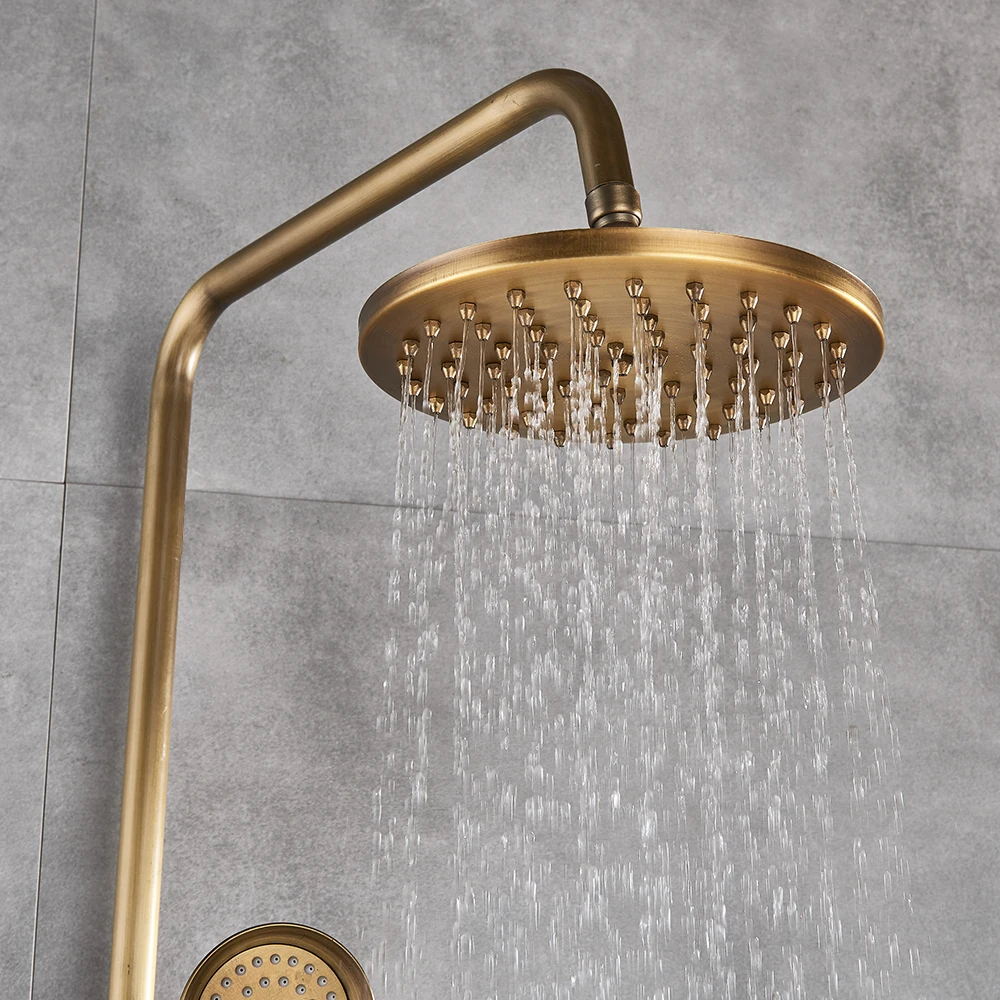 Antique Brass Rainfall Shower Faucet Set Round Bathroom Tub Spout W/Hand Sprayer 