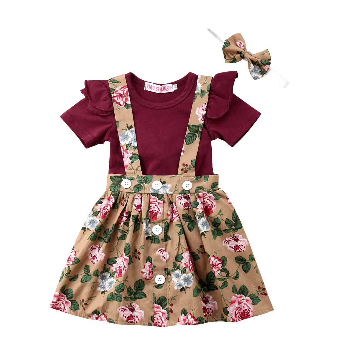 

Cute Newborn Baby Girl Summer Clothes Ruffles Short Sleeve Cotton Romper Tops+Floral Bib Dress 3PCS Outfit Princess Clothes